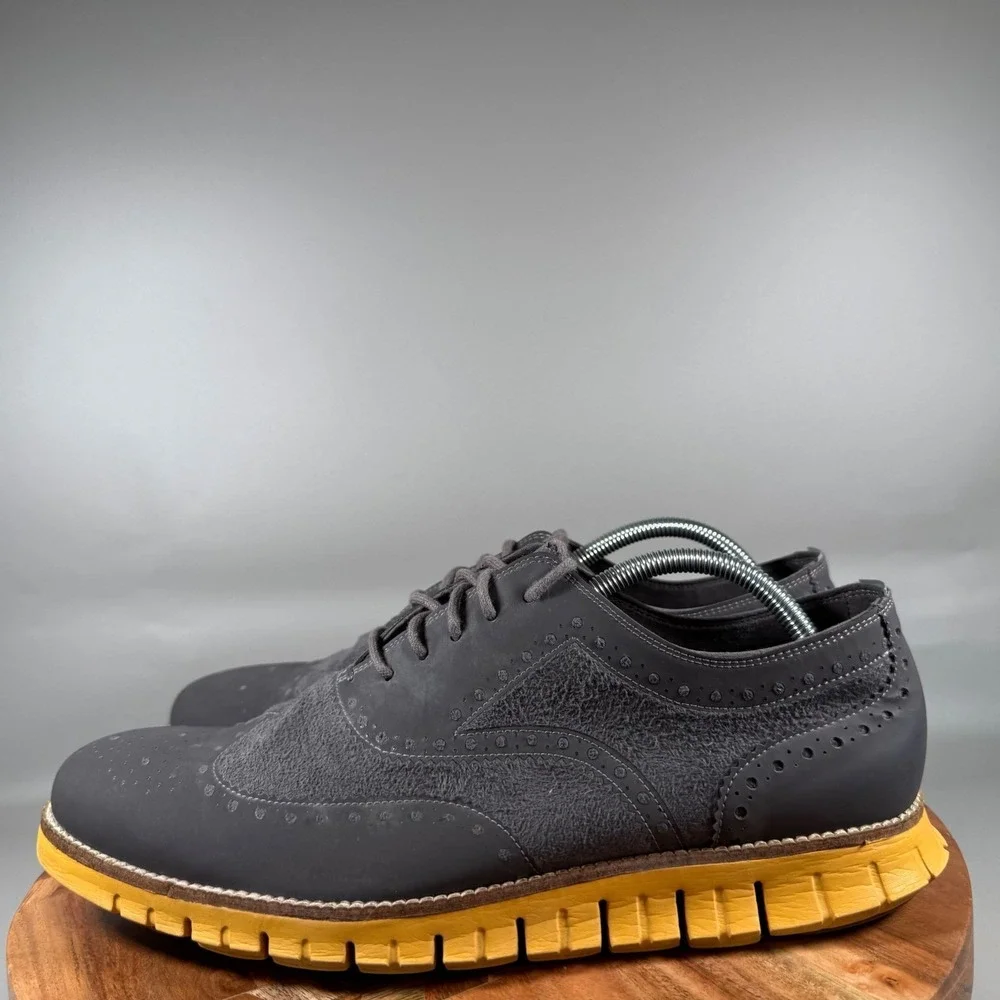 Cole Haan Zerogrand Wingtip Oxford Mens‎ 11M Gray Suede Leather Yellow Sole